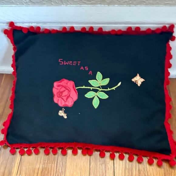 Vintage Handmade "Sweet as a Rose" Black Pillow with Red Pom Pom Trim Border - Picture 2 of 12